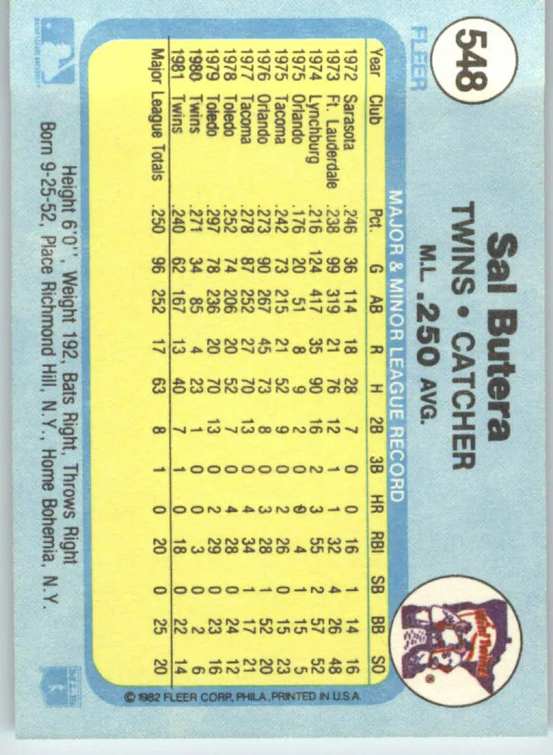 1982 Fleer #548 Sal Butera EX Excellent Minnesota Twins Baseball Card - Baseball Card Single