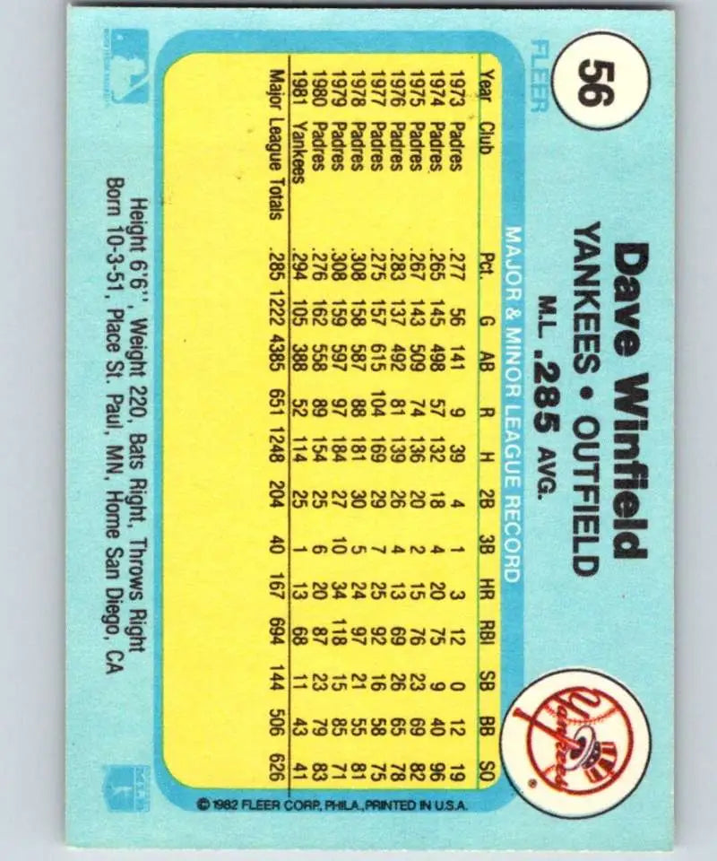 1982 Fleer #56 Dave Winfield EX Excellent New York Yankees Baseball Card - Baseball Card Single