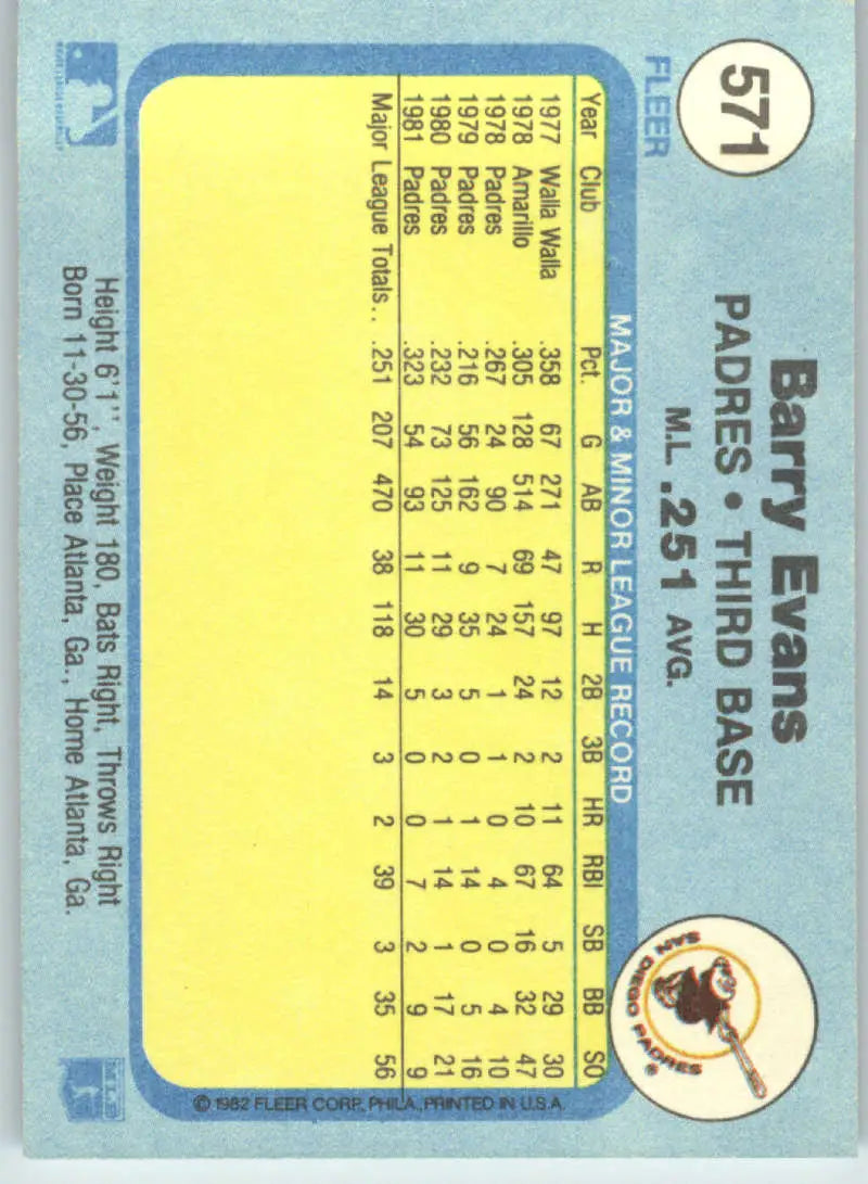 1982 Fleer #571 Barry Evans EX Excellent San Diego Padres Baseball Card - Baseball Card Single