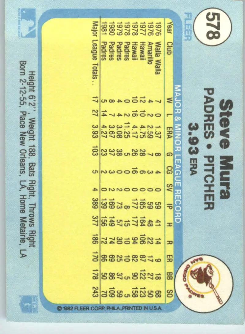 1982 Fleer #578 Steve Mura EX Excellent San Diego Padres Baseball Card - Baseball Card Single