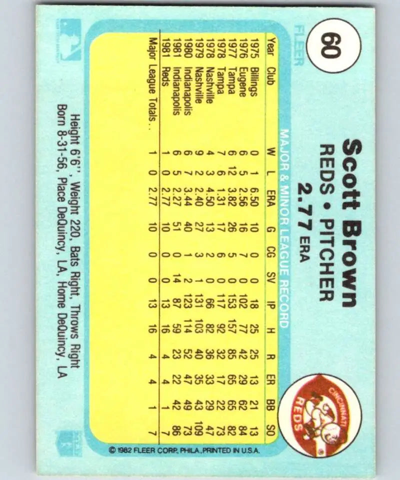 1982 Fleer #60 Scott Brown EX Excellent RC Rookie Cincinnati Reds Baseball Card - Baseball Card Single