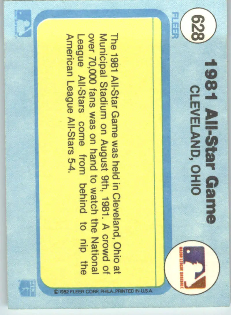 1982 Fleer #628 All Star Game EX Excellent Baseball Card - Baseball Card Single
