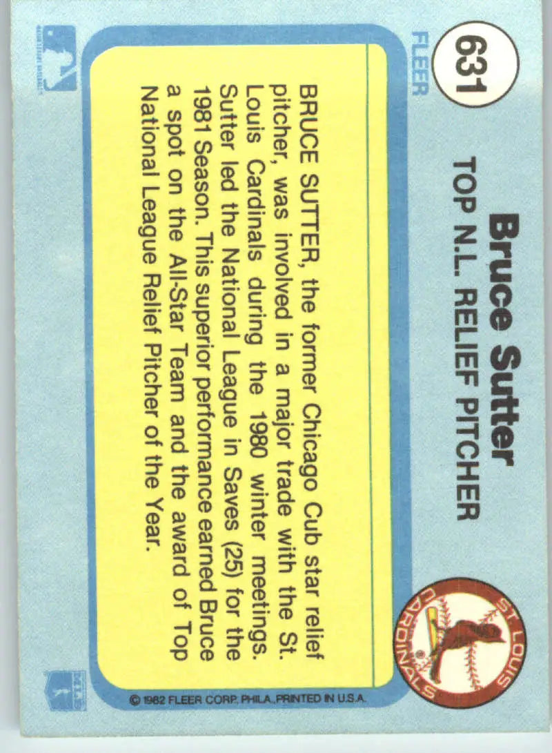 1982 Fleer #631 Bruce Sutter EX Excellent St. Louis Cardinals Baseball Card - Baseball Card Single