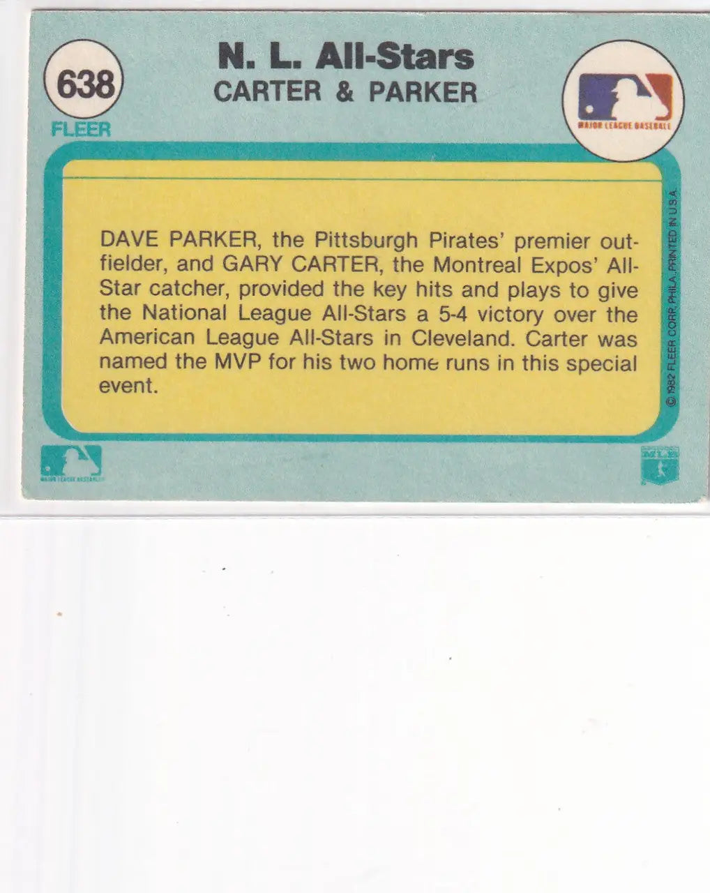 1982 FLEER #638 CARTER & PARKER- PITTSBURGH PIRATES - Baseball Card Single