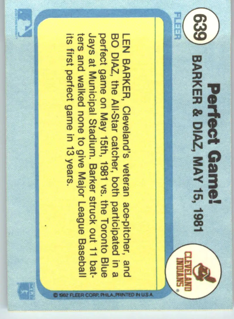 1982 Fleer #639 Len Barker/Bo Diaz EX Excellent Cleveland Indians Baseball Card - Baseball Card Single