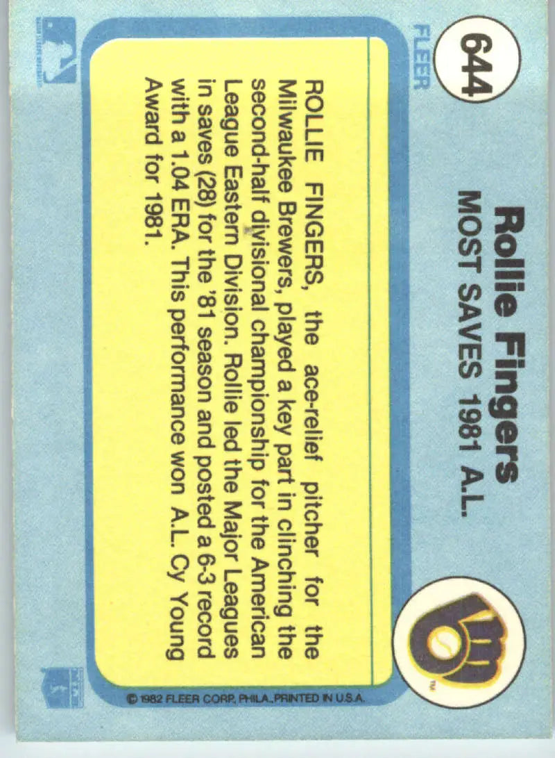 1982 Fleer #644 Rollie Fingers EX Excellent Milwaukee Brewers Baseball Card - Baseball Card Single