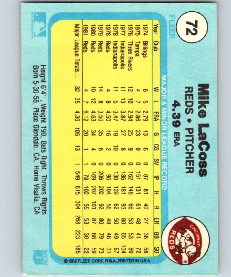 1982 Fleer #72 Mike LaCoss EX Excellent Cincinnati Reds Baseball Card - Baseball Card Single