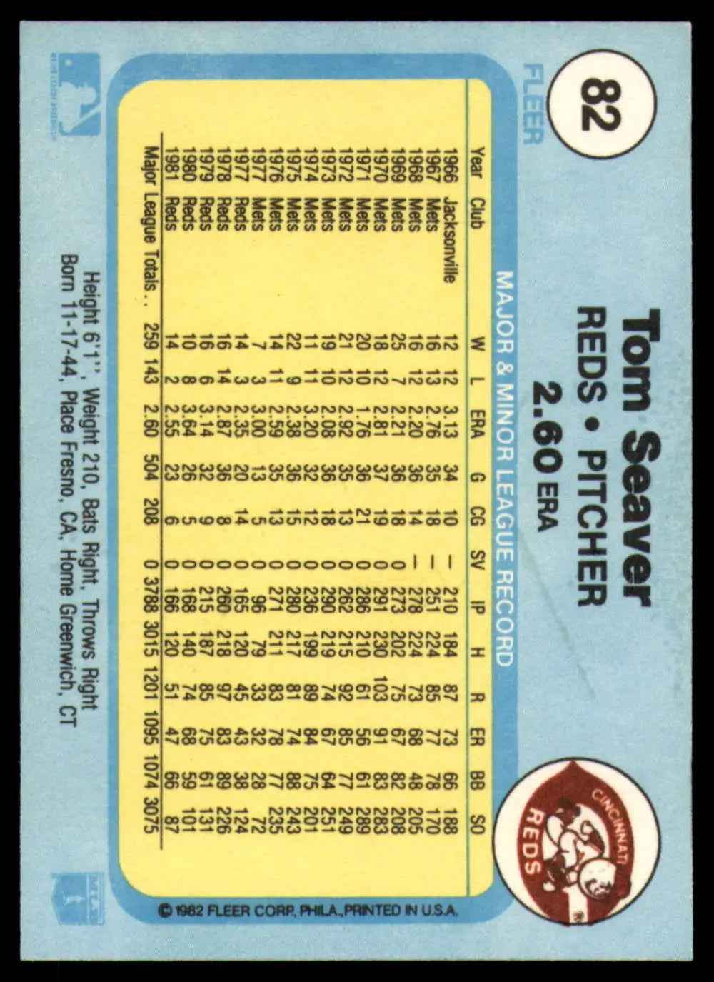 1982 Fleer #82 Tom Seaver EX Excellent Cincinnati Reds Baseball Card - Baseball Card Single
