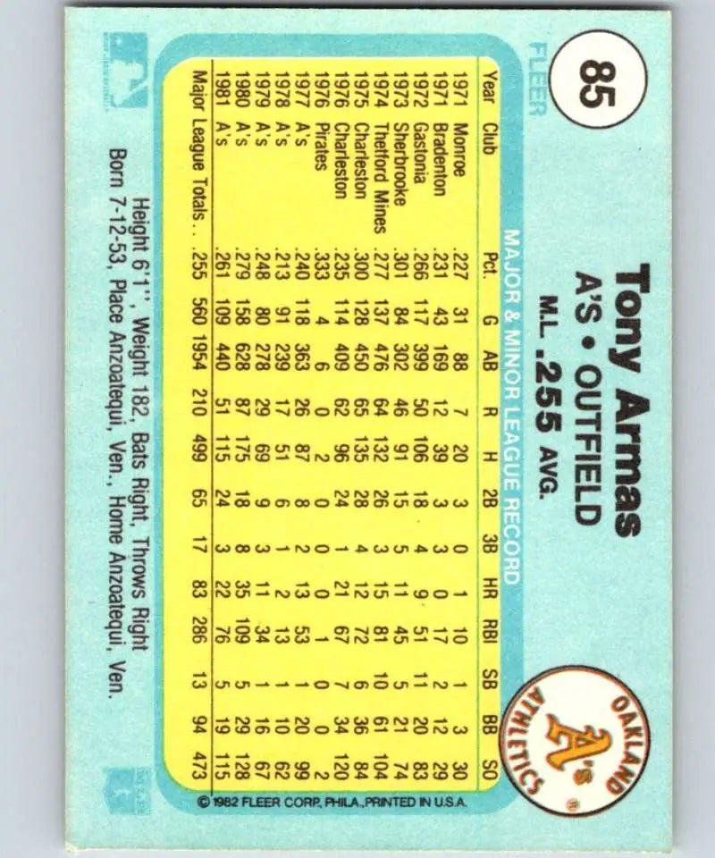 1982 Fleer #85 Tony Armas EX Excellent Oakland Athletics Baseball Card - Baseball Card Single