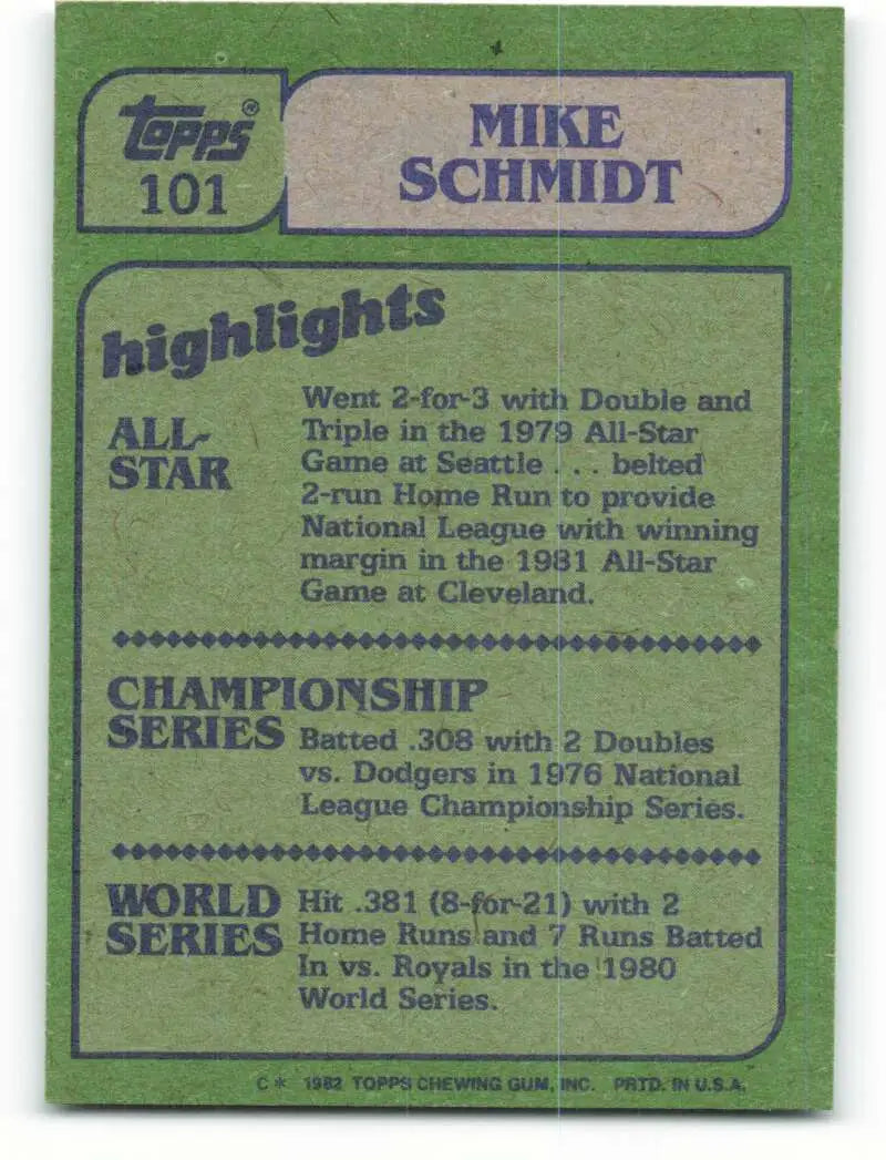 1982 Topps #101 Mike Schmidt EX Excellent Philadelphia Phillies Baseball Card - Baseball Card Single