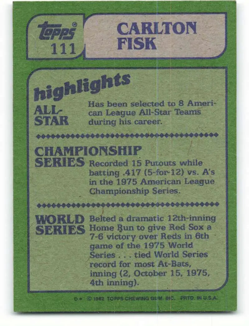 1982 Topps #111 Carlton Fisk EX Excellent Chicago White Sox Baseball Card - Baseball Card Single