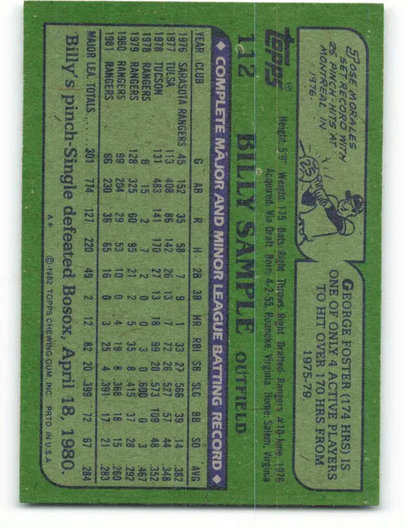 1982 Topps #112 Billy Sample EX Excellent Texas Rangers Baseball Card - Baseball Card Single