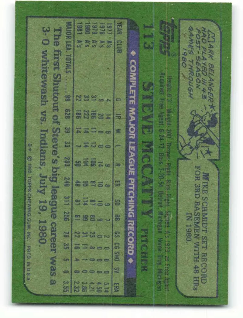 1982 Topps #113 Steve McCatty EX Excellent Oakland Athletics Baseball Card - Baseball Card Single