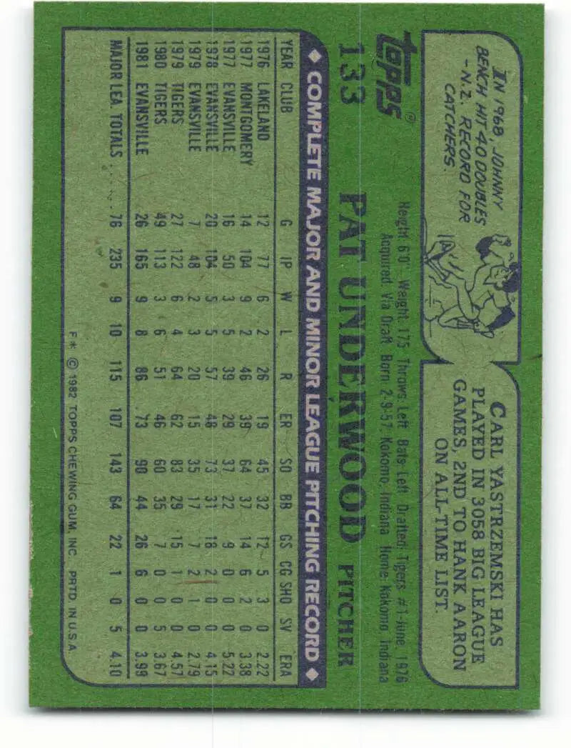 1982 Topps #133 Pat Underwood EX Excellent Detroit Tigers Baseball Card - Baseball Card Single