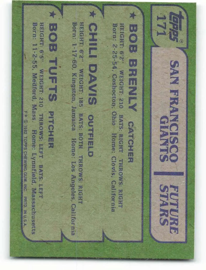 1982 Topps #171 Bob Brenly/Chili Davis/Bob Tufts EX Excellent RC Rookie San Francisco Giants Baseball Card - Baseball