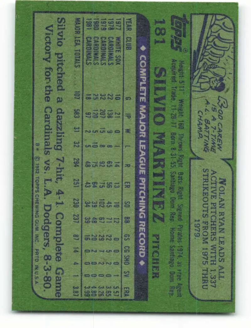1982 Topps #181 Silvio Martinez EX Excellent St. Louis Cardinals Baseball Card - Baseball Card Single