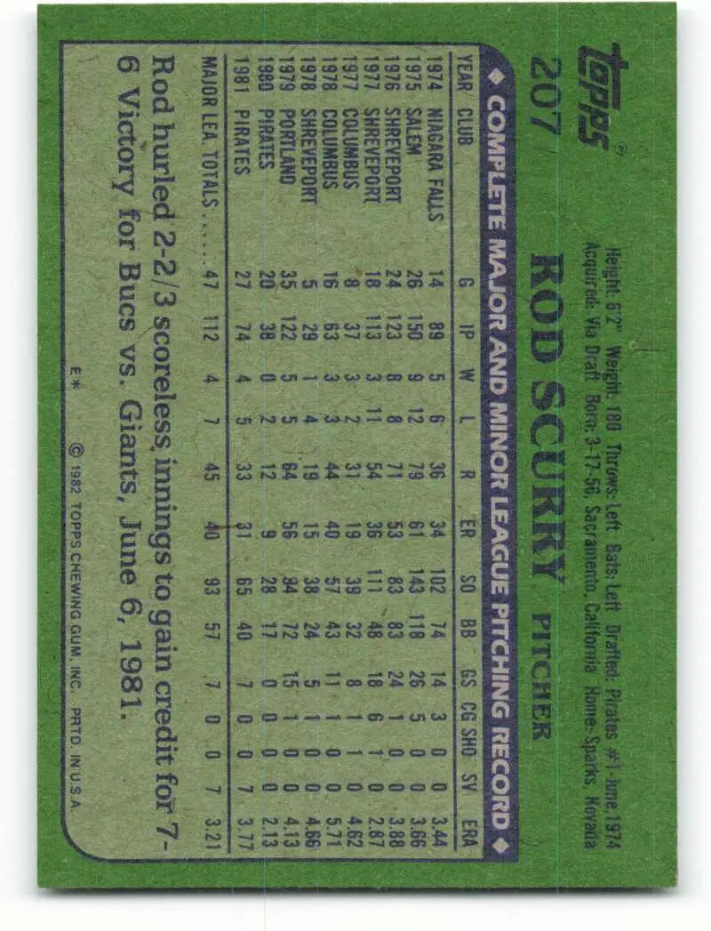 1982 Topps #207 Rod Scurry EX Excellent Pittsburgh Pirates Baseball Card - Baseball Card Single