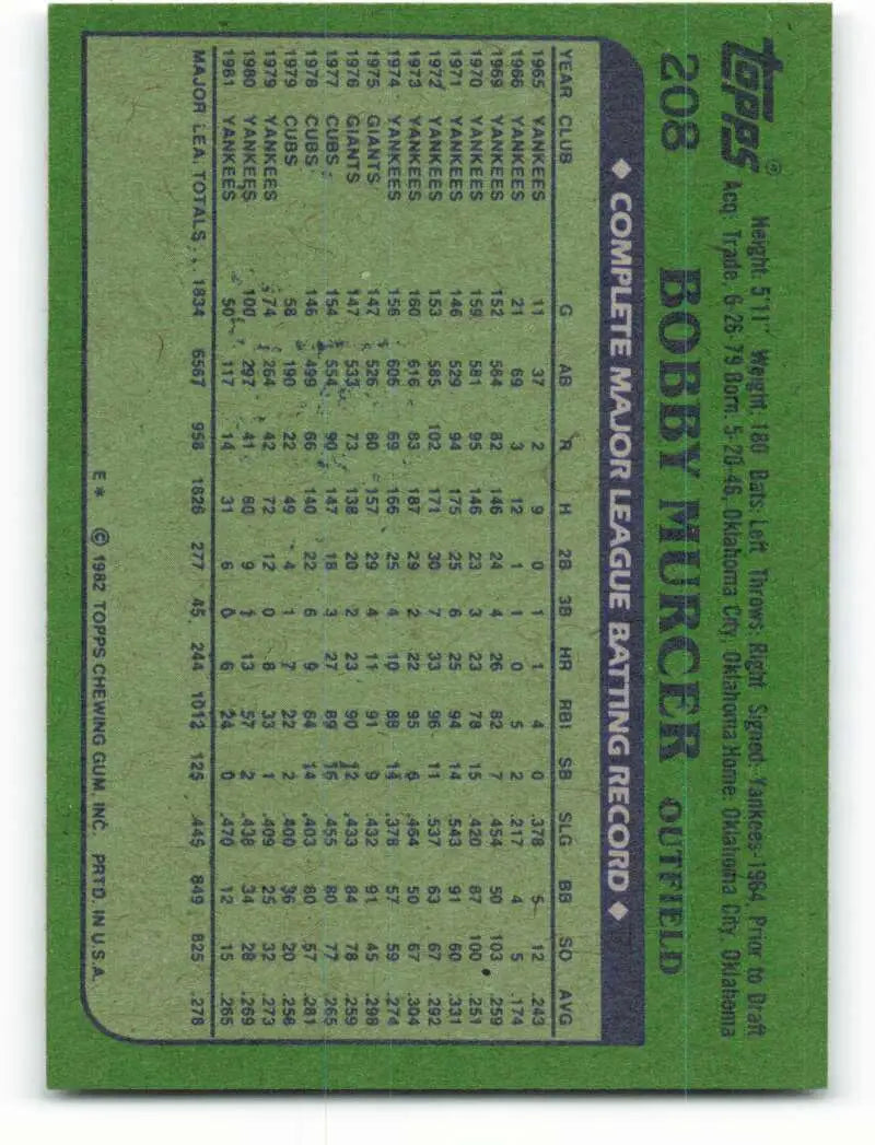 1982 Topps #208 Bobby Murcer EX Excellent New York Yankees Baseball Card - Baseball Card Single