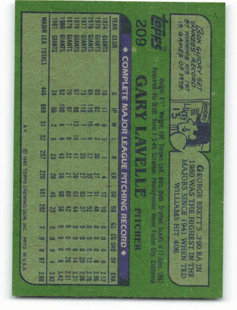 1982 Topps #209 Gary Lavelle EX Excellent San Francisco Giants Baseball Card - Baseball Card Single