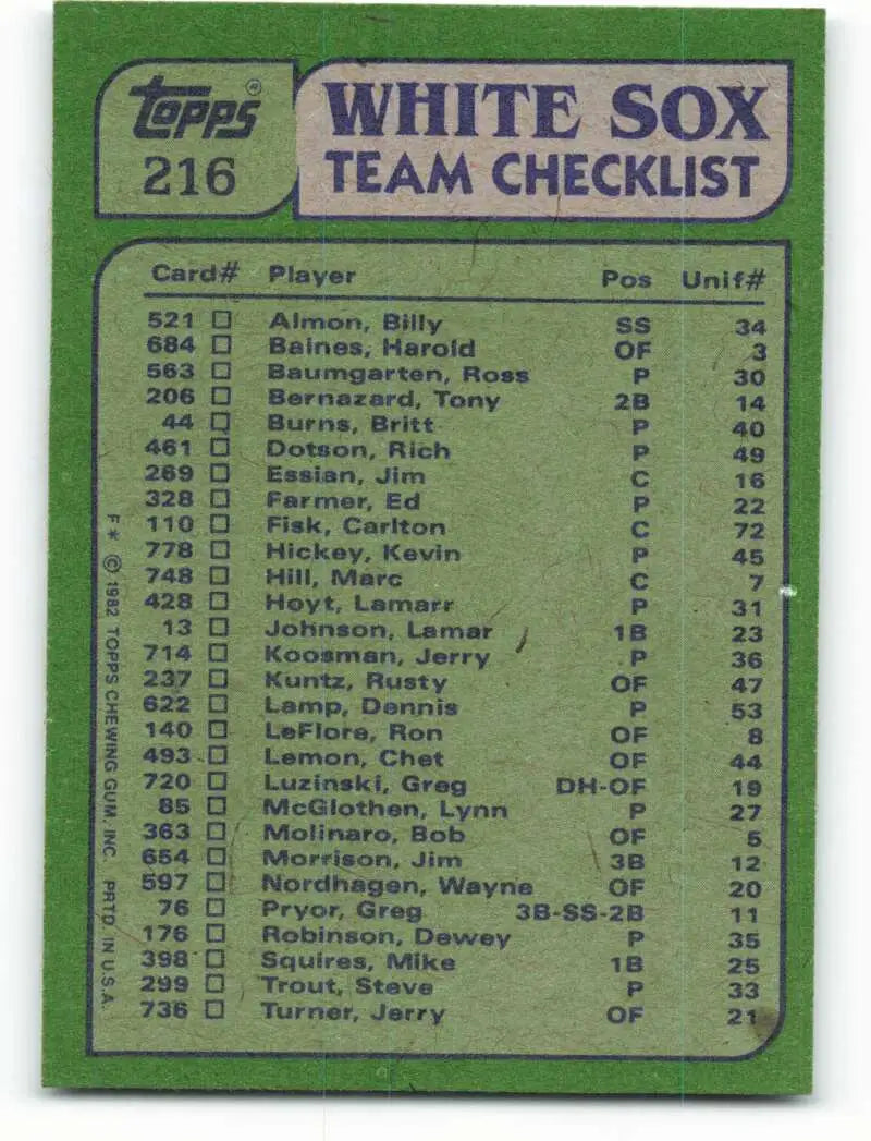 1982 Topps #216 Chet Lemon/Dennis Lamp EX Excellent Chicago White Sox Baseball Card - Baseball Card Single