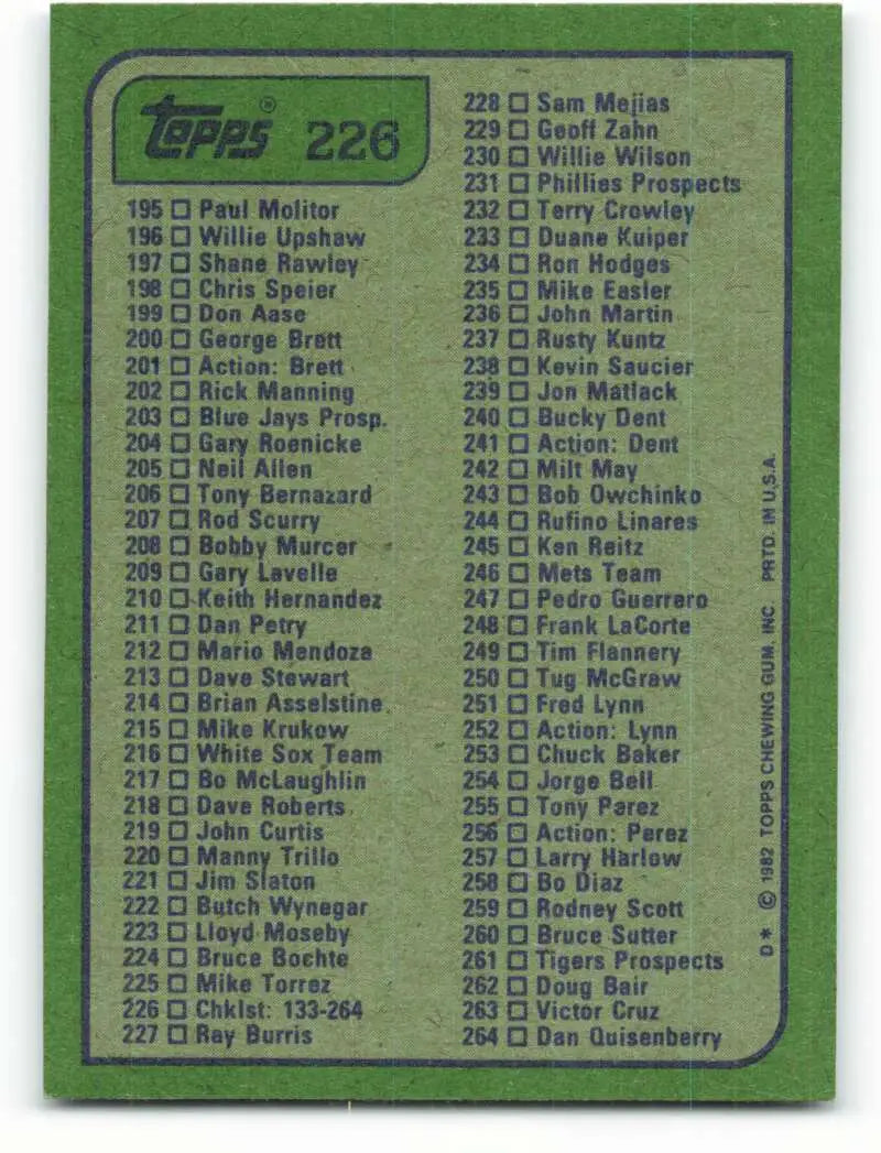 1982 Topps #226 Checklist 133-264 EX Excellent Checklist Baseball Card - Baseball Card Single