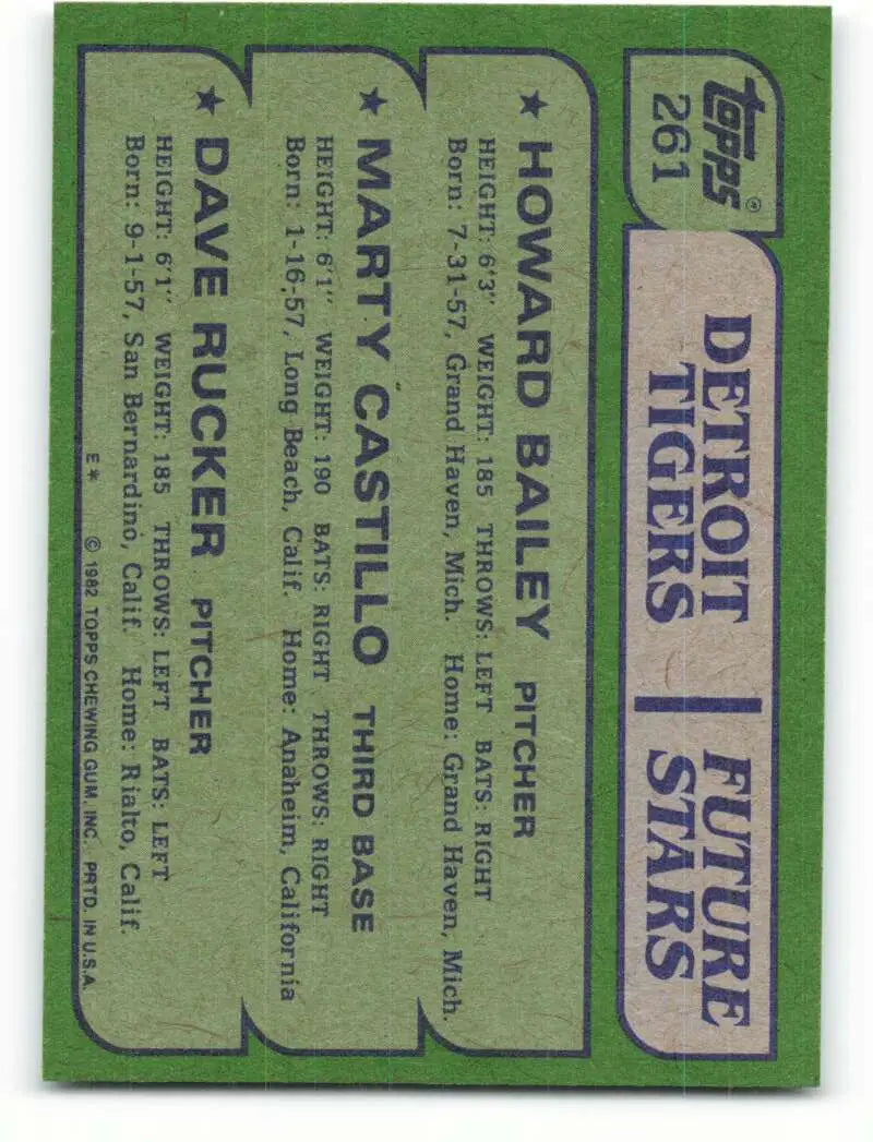 1982 Topps #261 Howard Bailey/Marty Castillo/Dave Rucker EX Excellent RC Rookie Detroit Tigers Baseball Card - Baseball