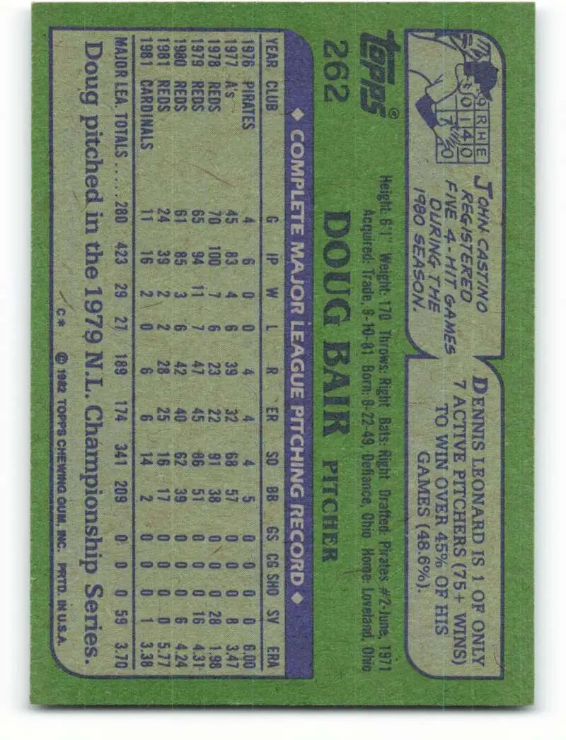 1982 Topps #262 Doug Bair EX Excellent St. Louis Cardinals Baseball Card - Baseball Card Single