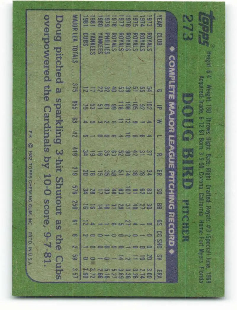 1982 Topps #273 Doug Bird EX Excellent Chicago Cubs Baseball Card - Baseball Card Single
