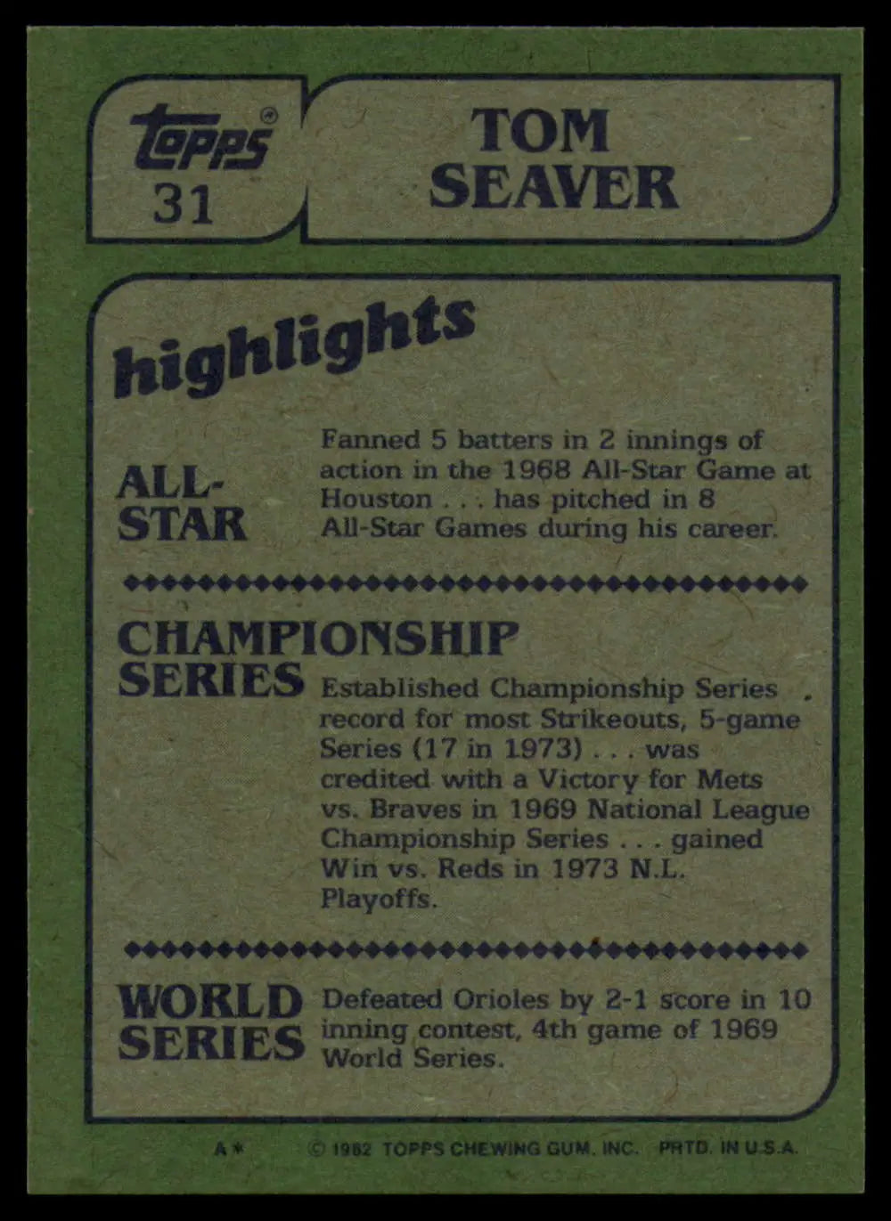 1982 Topps #31 Tom Seaver EX Excellent Cincinnati Reds Baseball Card - Baseball Card Single