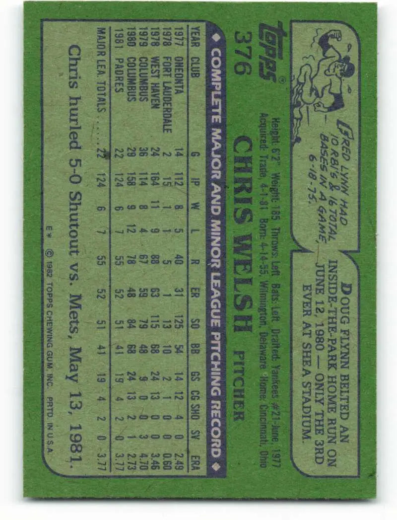 1982 Topps #376 Chris Welsh EX Excellent San Diego Padres Baseball Card - Baseball Card Single