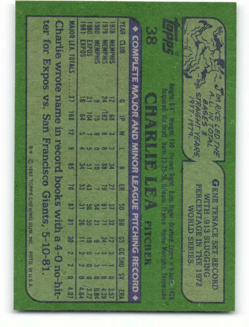 1982 Topps #38 Charlie Lea EX Excellent Montreal Expos Baseball Card - Baseball Card Single