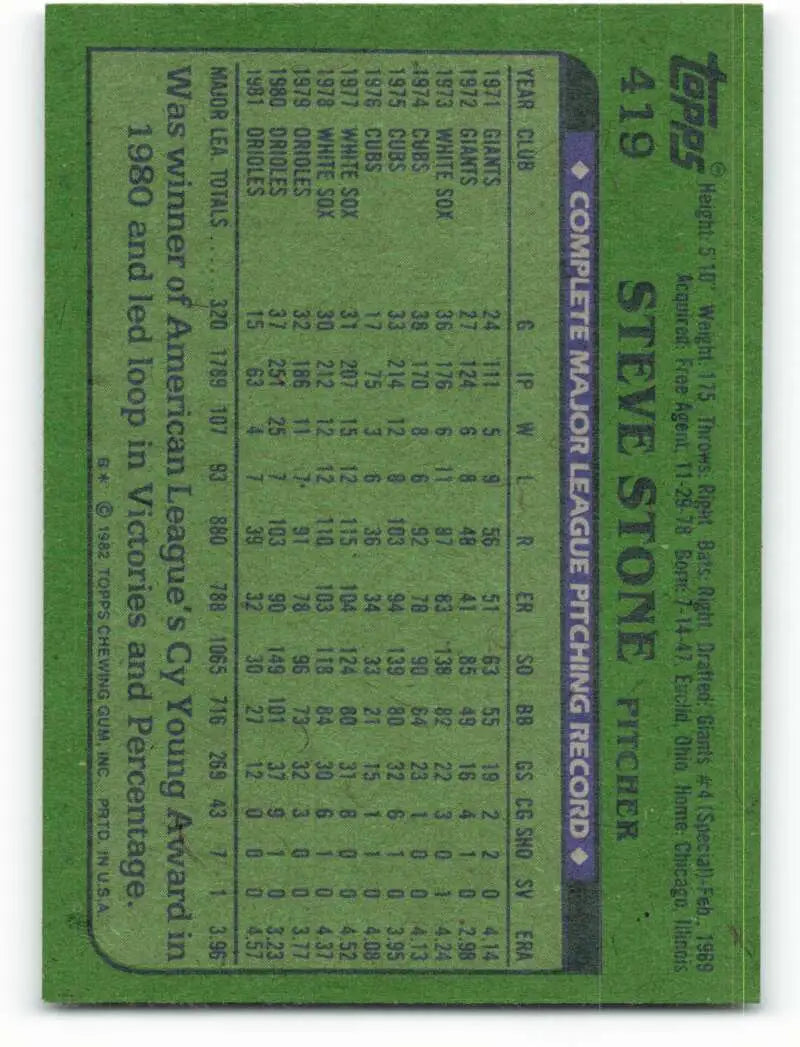 1982 Topps #419 Steve Stone EX Excellent Baltimore Orioles Baseball Card - Baseball Card Single