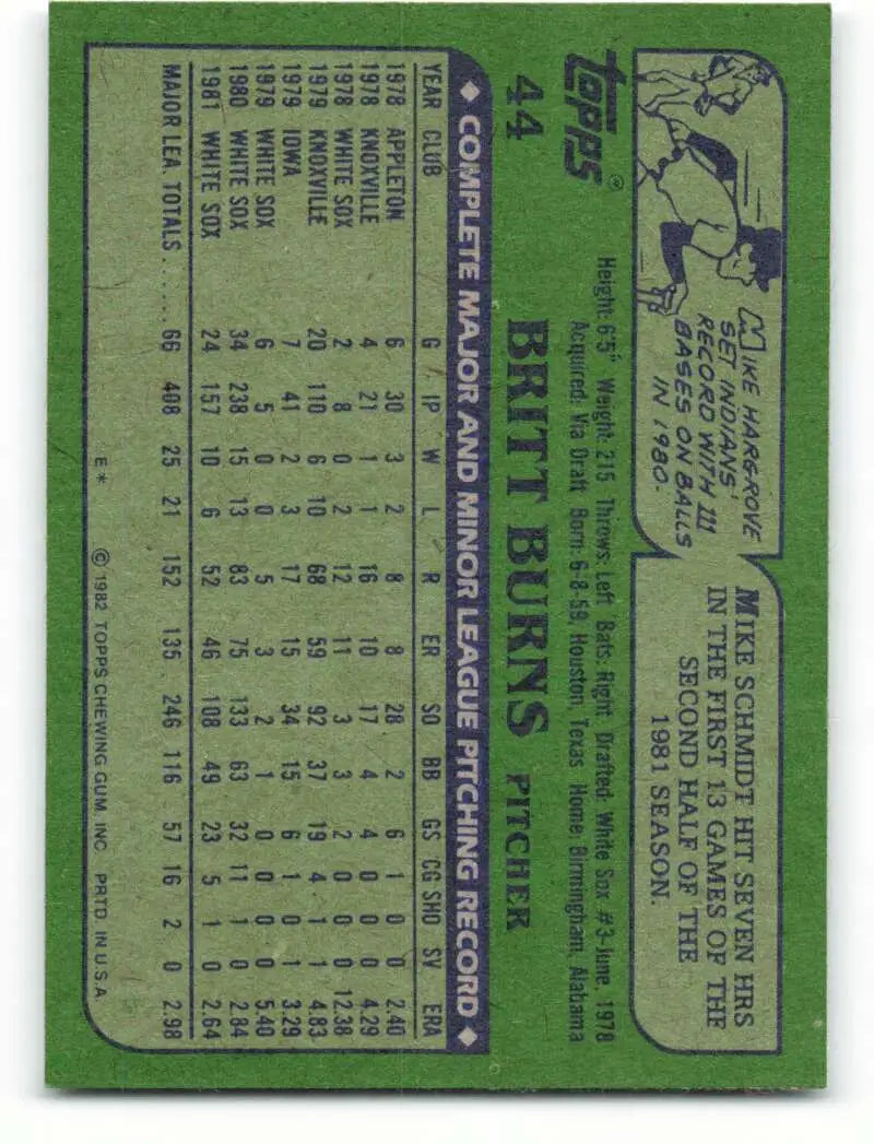 1982 Topps #44 Britt Burns EX Excellent Chicago White Sox Baseball Card - Baseball Card Single