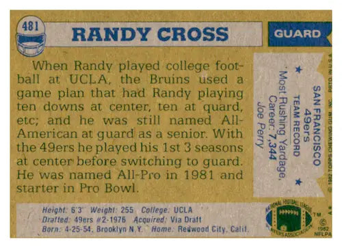 Randy Cross football card featuring original gloss from 1982 Topps #481 Excellent 49ers