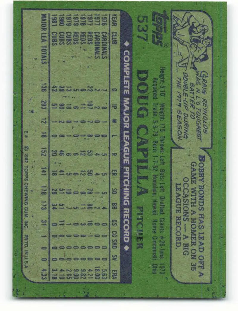 1982 Topps #537 Doug Capilla EX Excellent Chicago Cubs Baseball Card