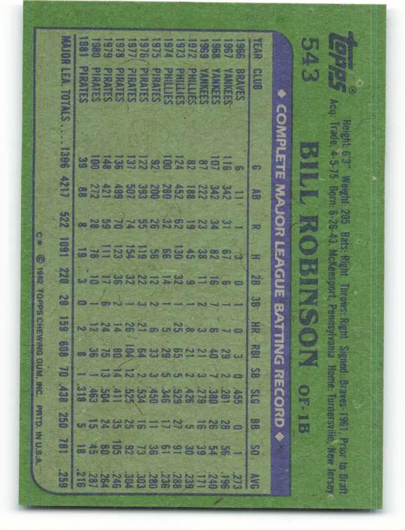 1982 Topps #543 Bill Robinson EX Excellent Pittsburgh Pirates Baseball Card - Baseball Card Single