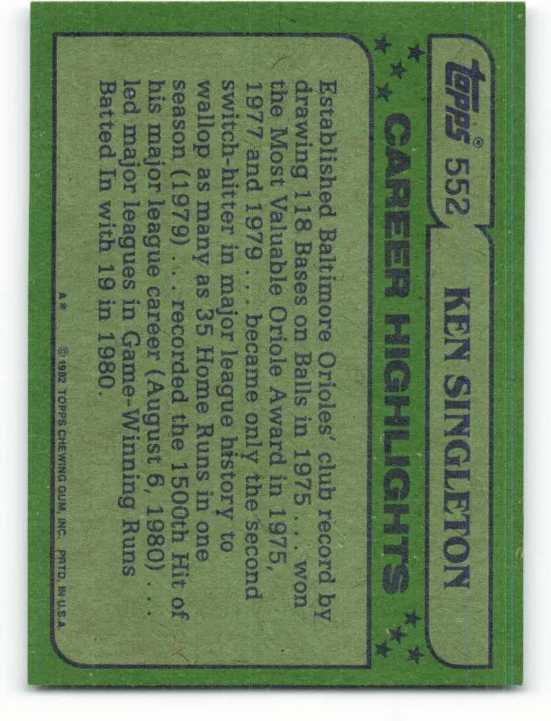 1982 Topps #552 Ken Singleton EX Excellent Baltimore Orioles Baseball Card - Baseball Card Single