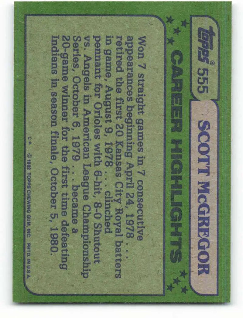 1982 Topps #555 Scott McGregor EX Excellent Baltimore Orioles Baseball Card - Baseball Card Single