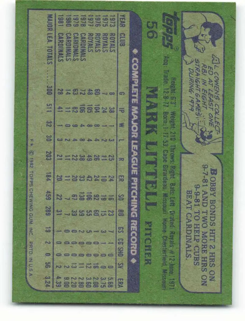 1982 Topps #56 Mark Littell EX Excellent St. Louis Cardinals Baseball Card - Baseball Card Single