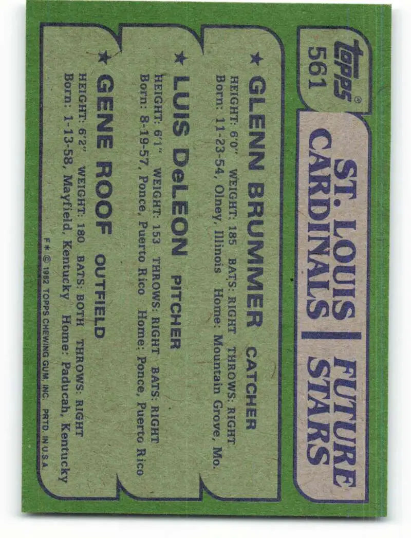 1982 Topps #561 Glenn Brummer/Luis DeLeon/Gene Roof EX Excellent RC Rookie St. Louis Cardinals Baseball Card - Baseball