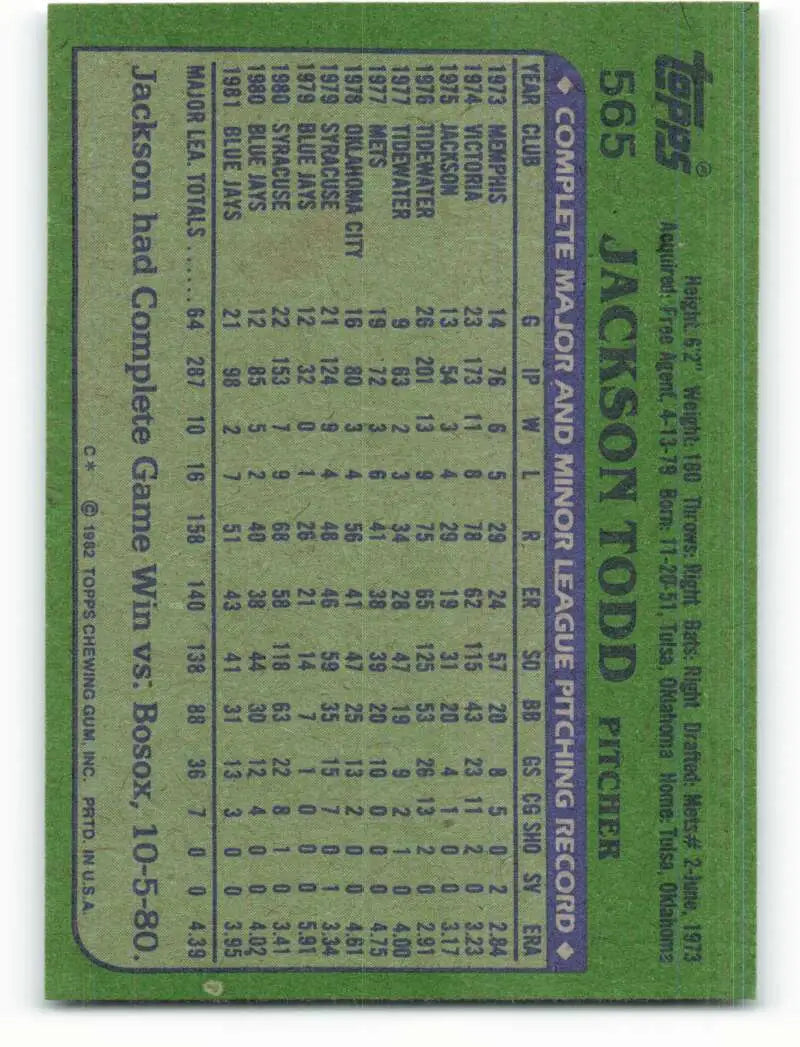 1982 Topps #565 Jackson Todd EX Excellent Toronto Blue Jays Baseball Card - Baseball Card Single