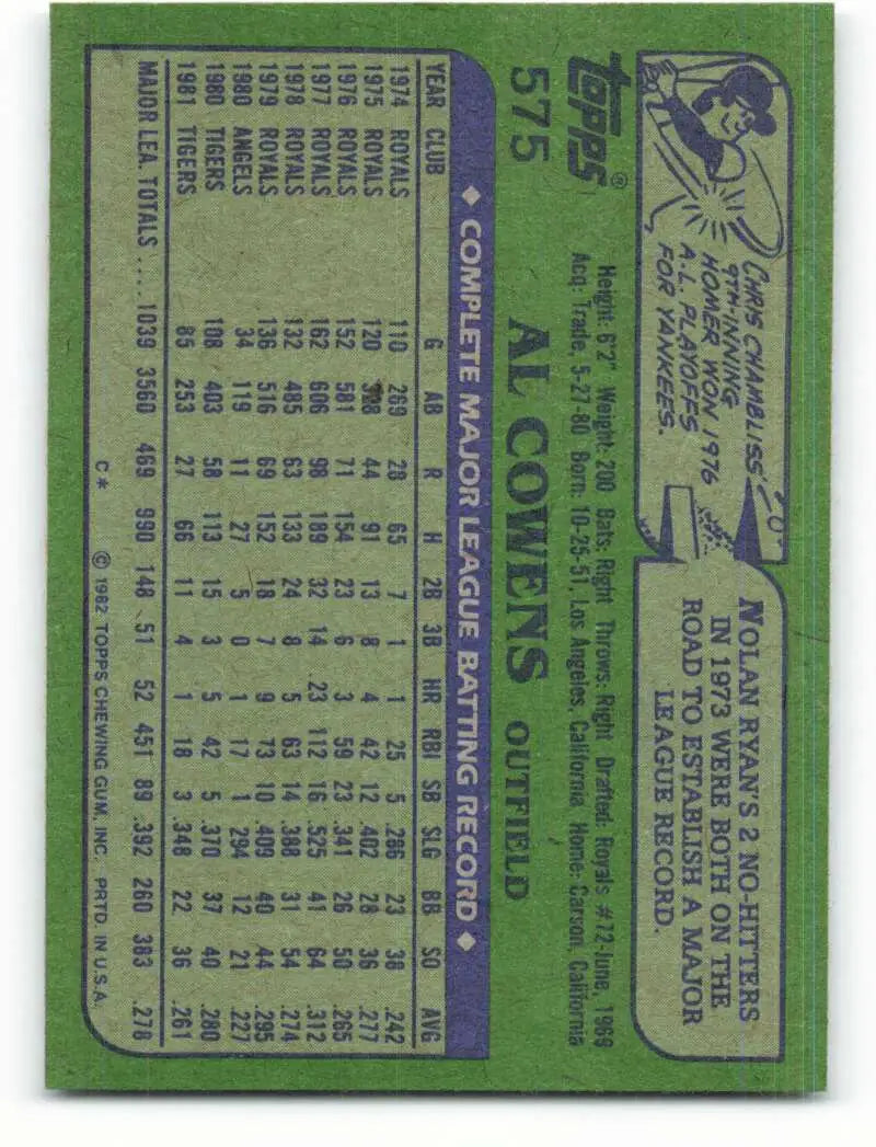 1982 Topps #575 Al Cowens EX Excellent Detroit Tigers Baseball Card - Baseball Card Single