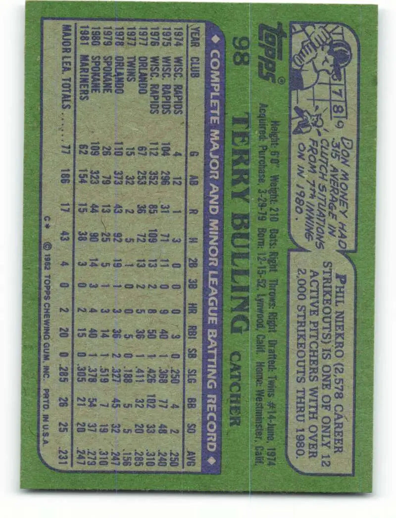 1982 Topps #98 Terry Bulling EX Excellent Seattle Mariners Baseball Card - Baseball Card Single