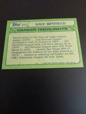 1982 Topps - All-Star Dave Winfield #553. New York Yankees. NRMT+ - Baseball Card Single