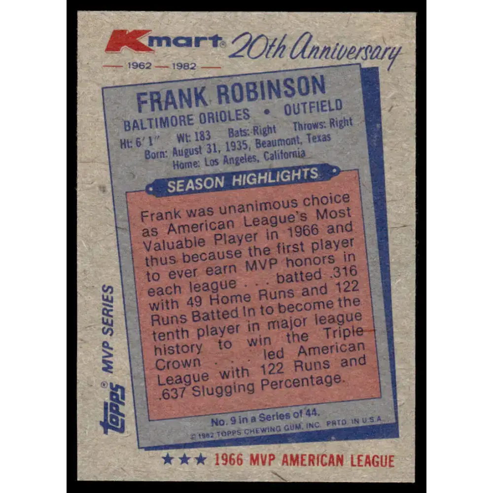 1982 Topps Kmart 20th Anniversary #9 Frank Robinson EX/NM Baltimore Orioles Baseball Card - Baseball Card Single