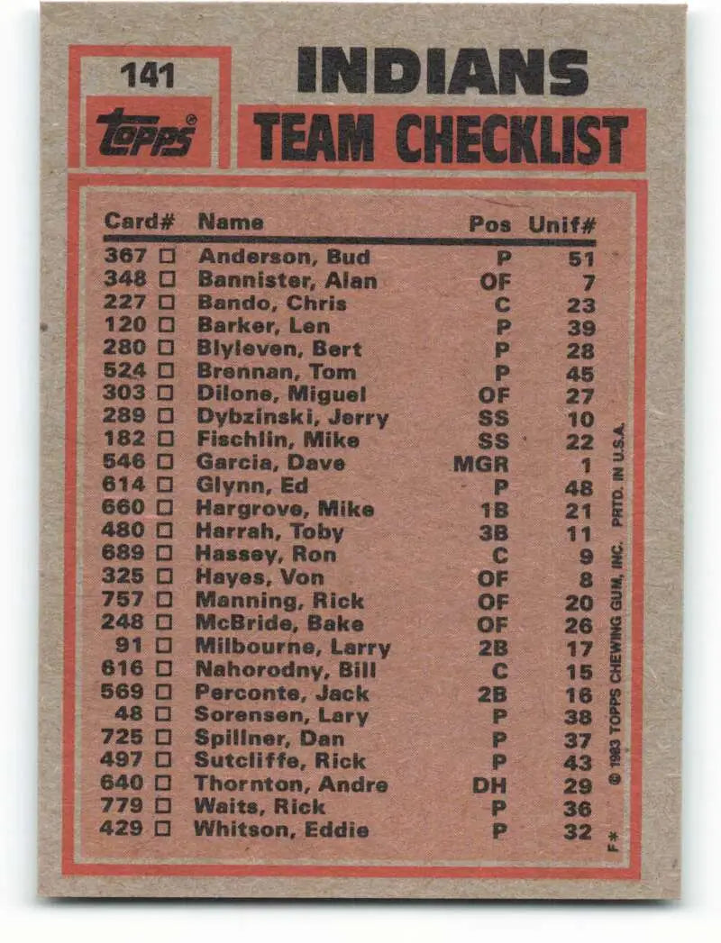 1983 Topps #141 Toby Harrah/Rick Sutcliffe EX Excellent Cleveland Indians Baseball Card - Baseball Card Single
