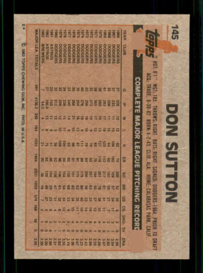 1983 Topps #145 Don Sutton EX Excellent Milwaukee Brewers Baseball Card - Baseball Card Single