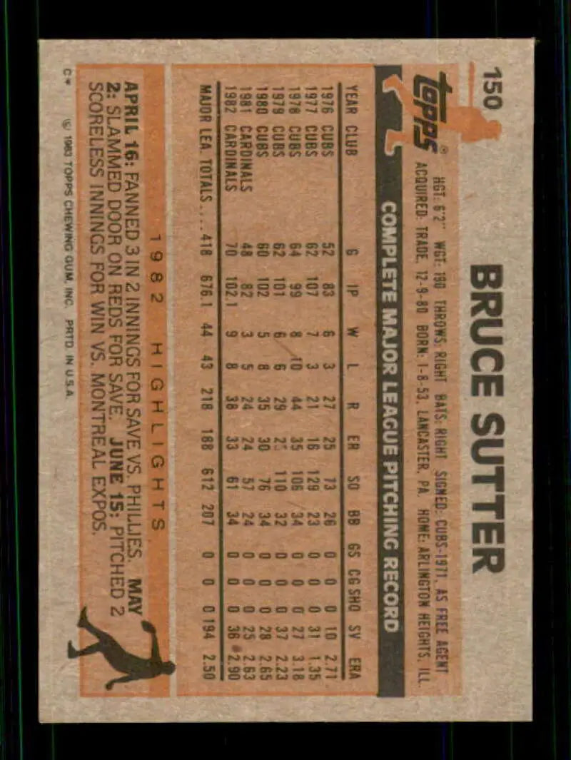 1983 Topps #150 Bruce Sutter EX Excellent St. Louis Cardinals Baseball Card - Baseball Card Single