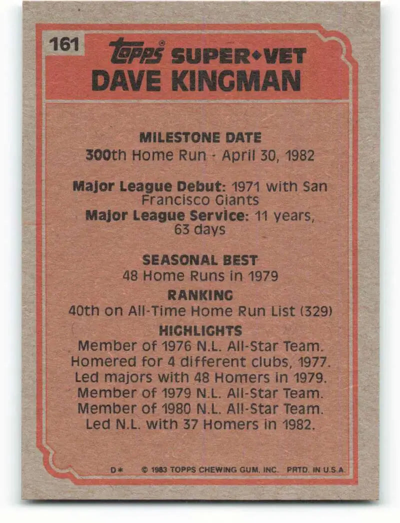 1983 Topps #161 Dave Kingman EX Excellent San Francisco Giants/New York Mets Baseball Card