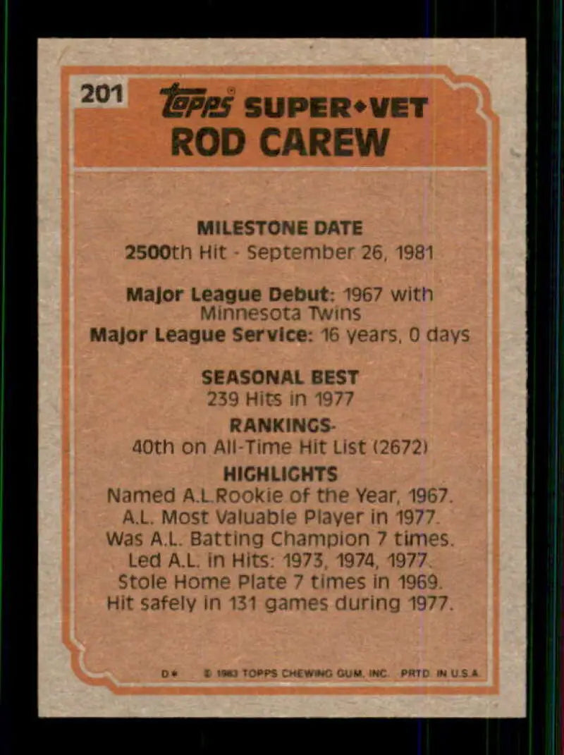1983 Topps #201 Rod Carew EX Excellent Minnesota Twins/California Angels Baseball Card - Baseball Card Single